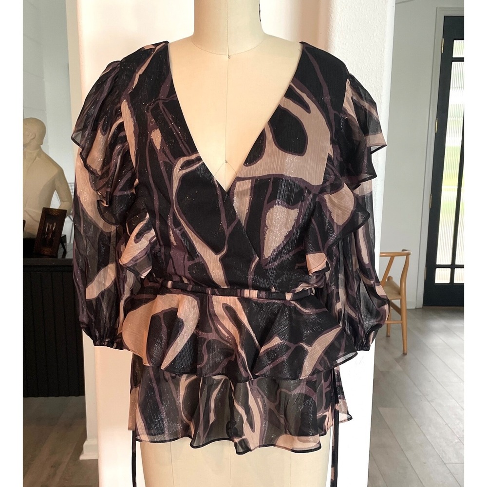 Ted Baker Jasmyna Ruffle Top V-Neck 3/4 Sleeve Blouse Black Ted Size 2, US sz 6